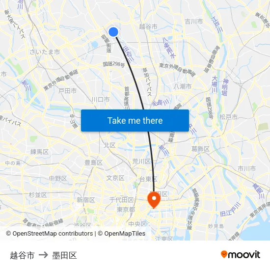 越谷市 to 墨田区 map