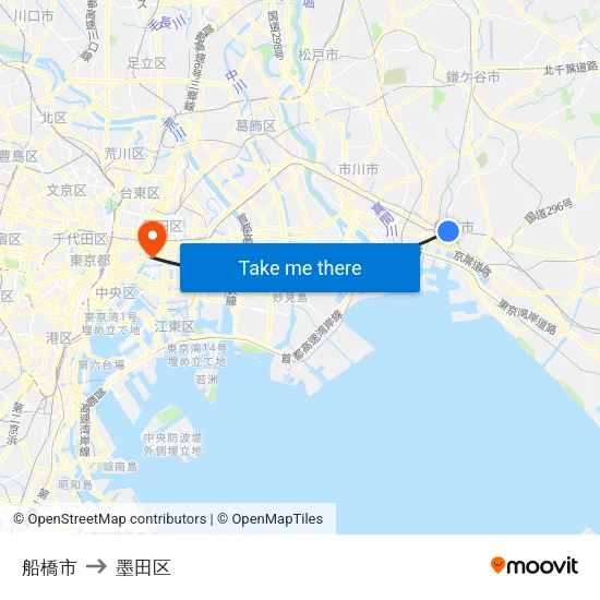 船橋市 to 墨田区 map