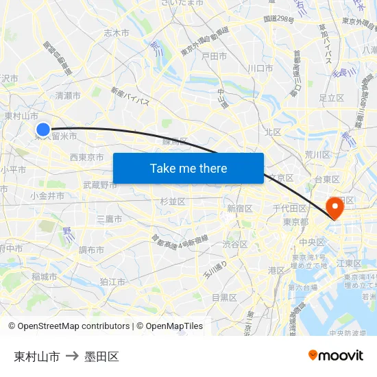東村山市 to 墨田区 map