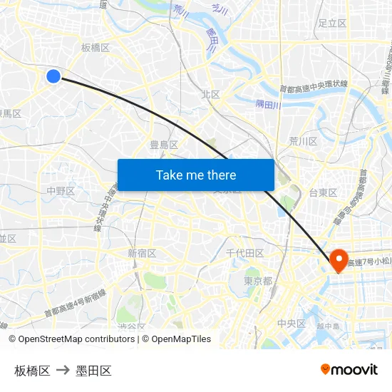 板橋区 to 墨田区 map