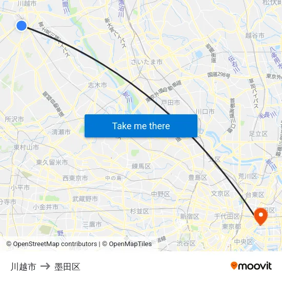 川越市 to 墨田区 map