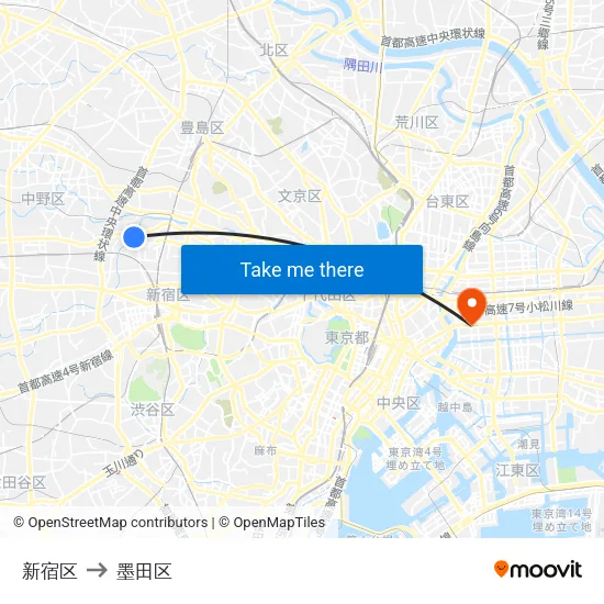 新宿区 to 墨田区 map
