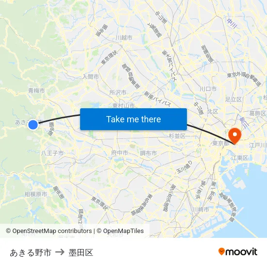 あきる野市 to 墨田区 map
