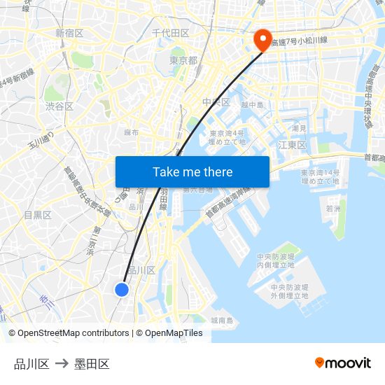 品川区 to 墨田区 map