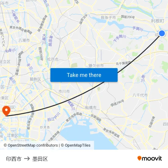 印西市 to 墨田区 map