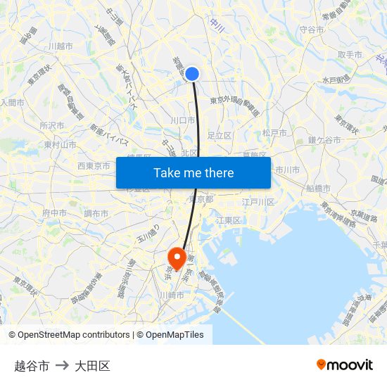 越谷市 to 大田区 map