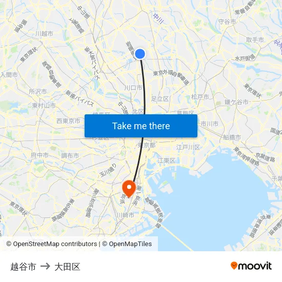 越谷市 to 大田区 map