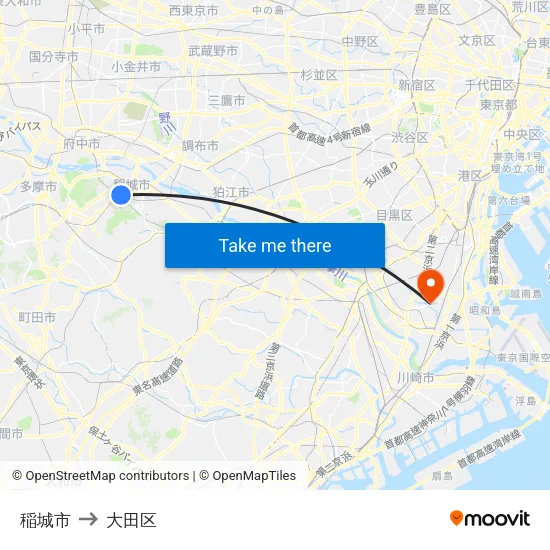 稲城市 to 大田区 map