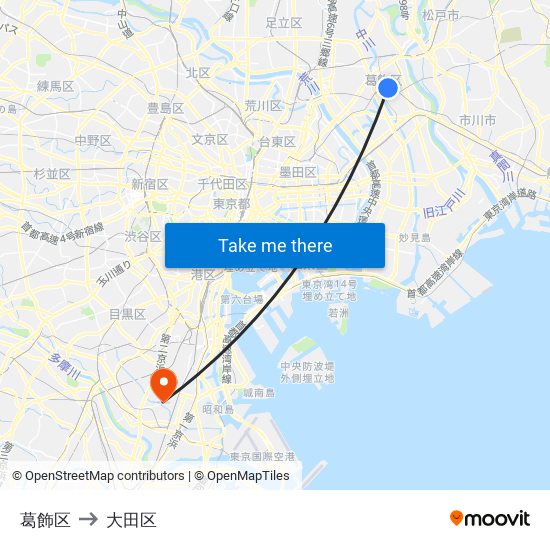 葛飾区 to 大田区 map