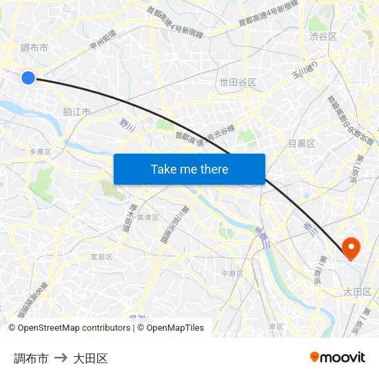 調布市 to 大田区 map