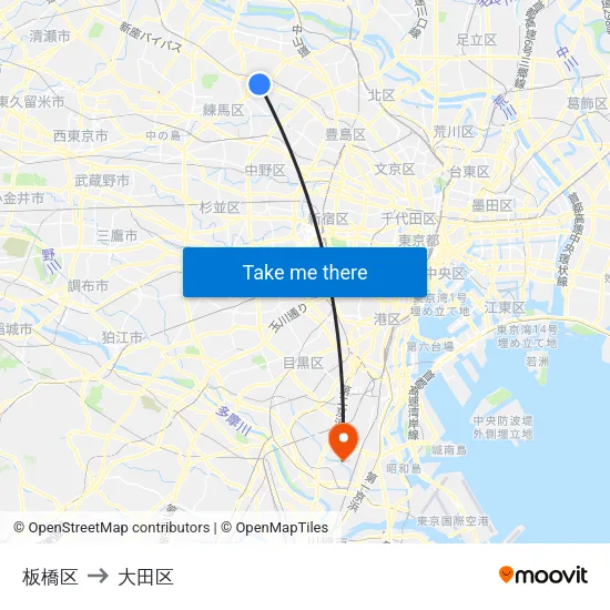 板橋区 to 大田区 map