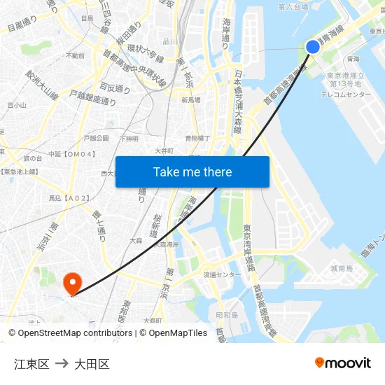 江東区 to 大田区 map