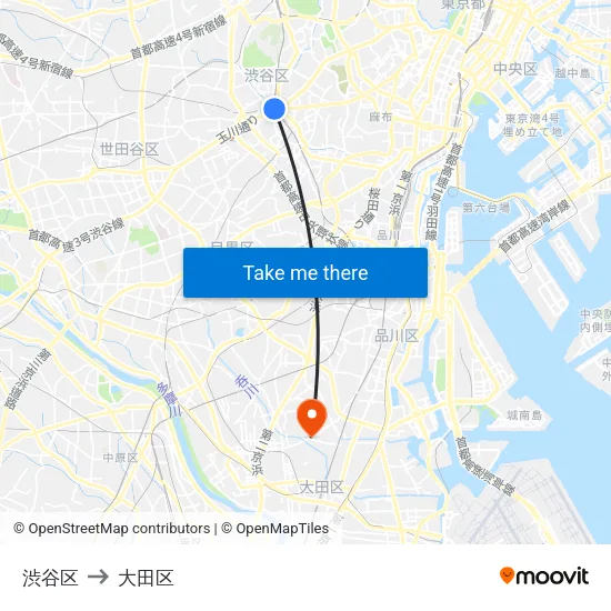 渋谷区 to 大田区 map