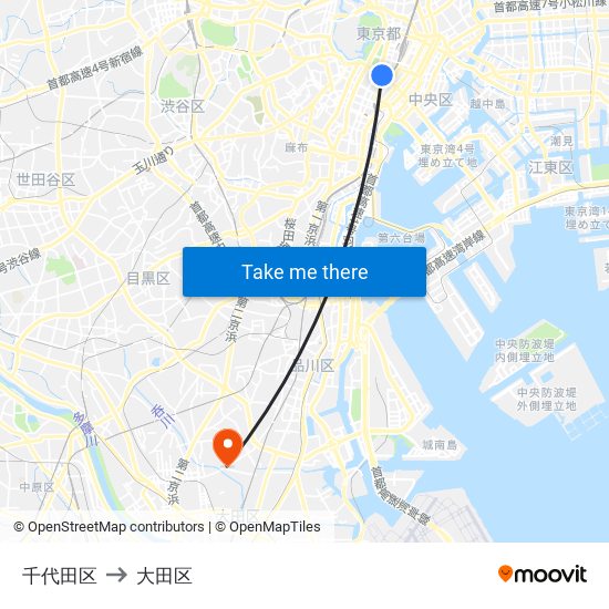 千代田区 to 大田区 map
