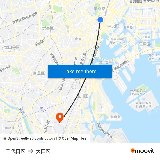 千代田区 to 大田区 map
