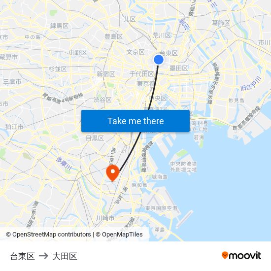 台東区 to 大田区 map