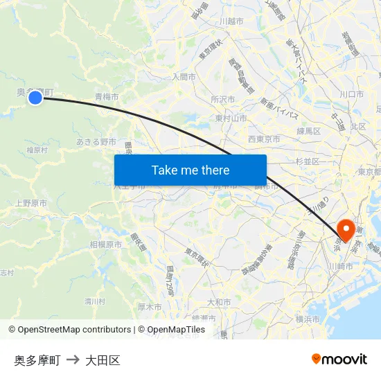 奥多摩町 to 大田区 map