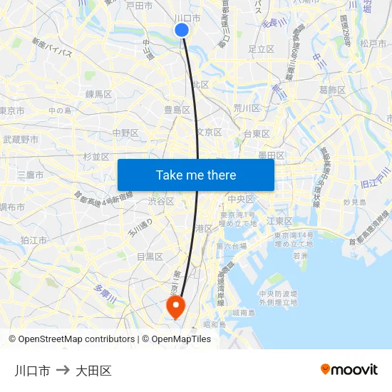 川口市 to 大田区 map