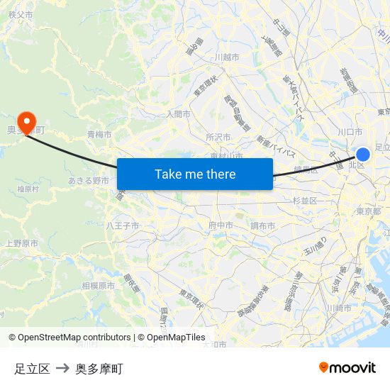 足立区 to 奥多摩町 map