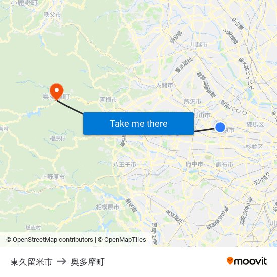 東久留米市 to 奥多摩町 map