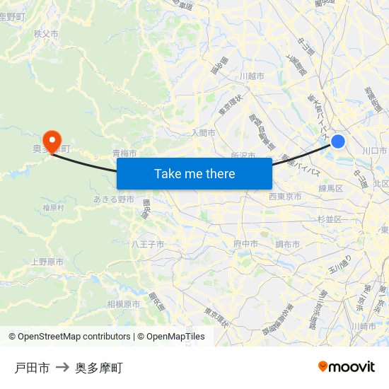 戸田市 to 奥多摩町 map