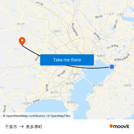 千葉市 to 奥多摩町 map