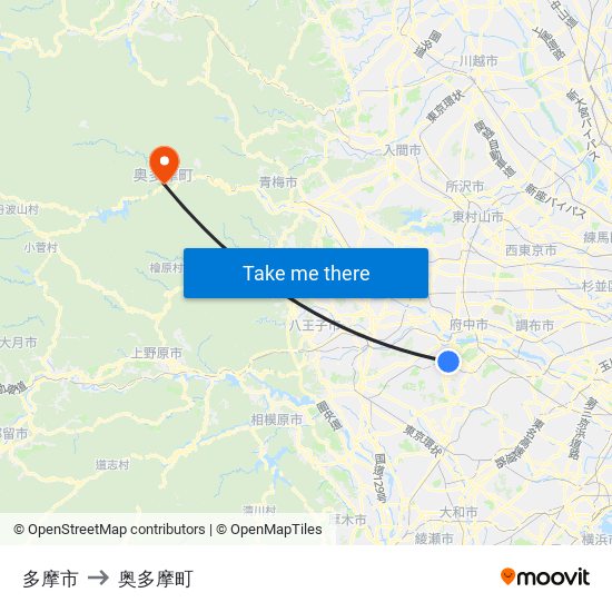 多摩市 to 奥多摩町 map