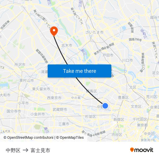 中野区 to 富士見市 map