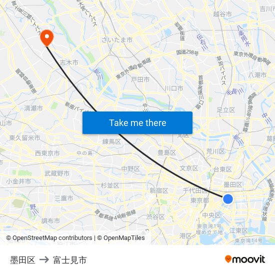 墨田区 to 富士見市 map