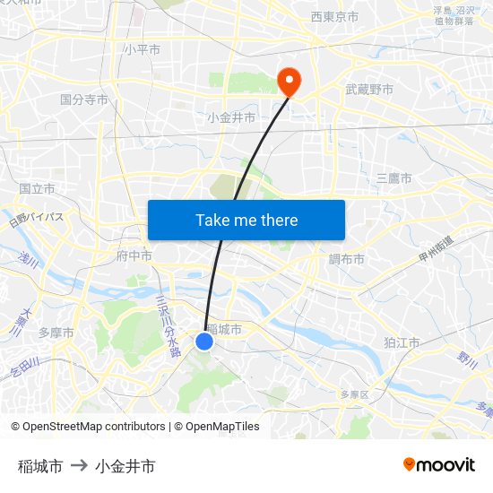 稲城市 to 小金井市 map