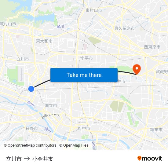 立川市 to 小金井市 map