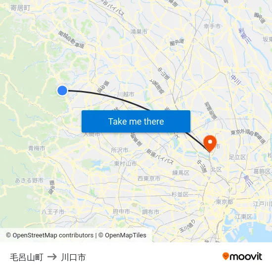 毛呂山町 to 川口市 map