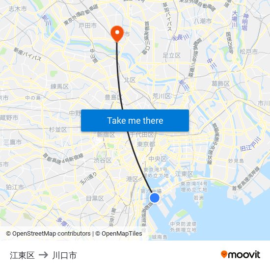 江東区 to 川口市 map