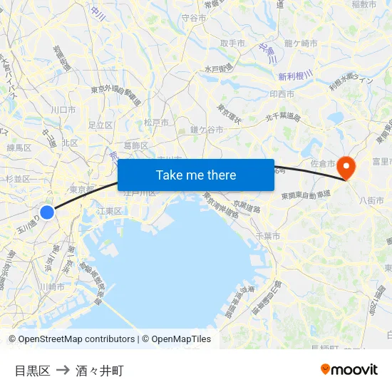 目黒区 to 酒々井町 map
