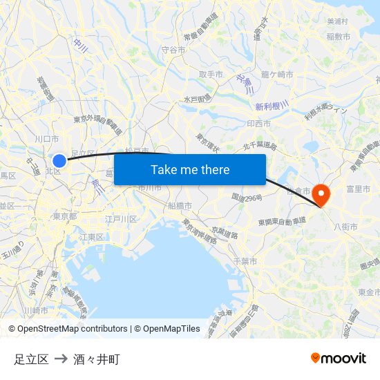 足立区 to 酒々井町 map