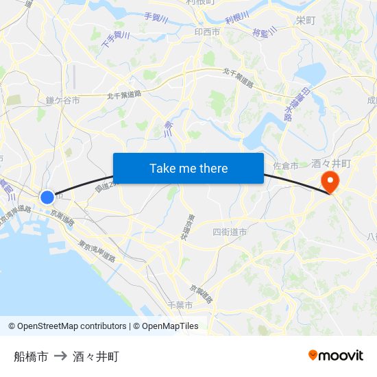 船橋市 to 酒々井町 map