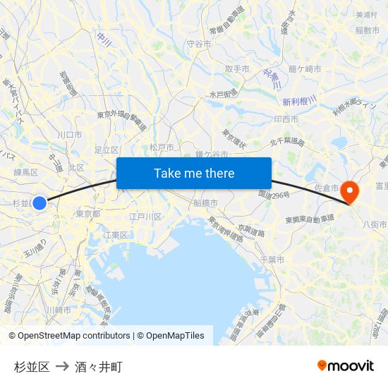 杉並区 to 酒々井町 map