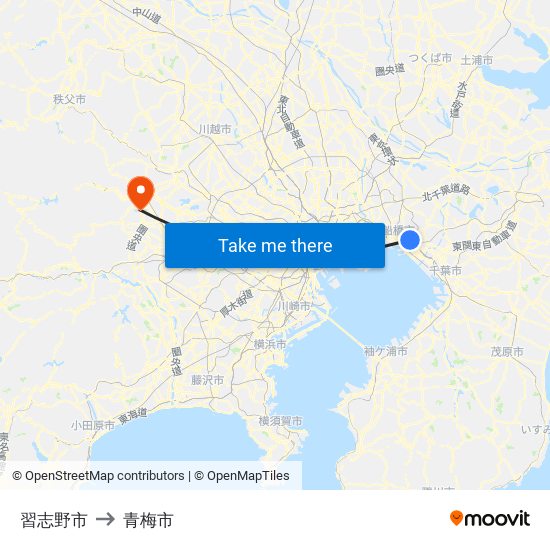 習志野市 to 青梅市 map