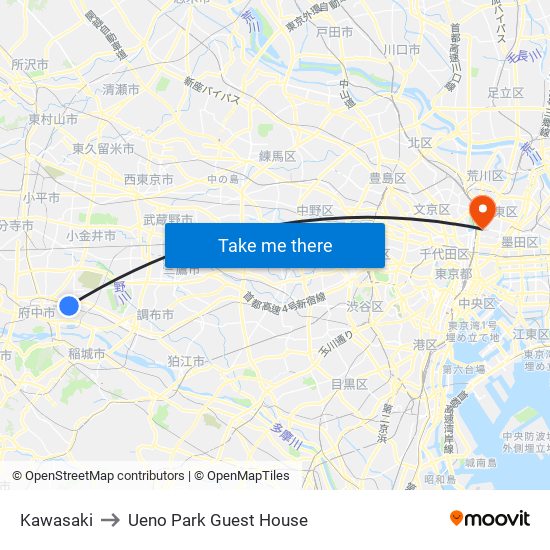 Kawasaki to Ueno Park Guest House map