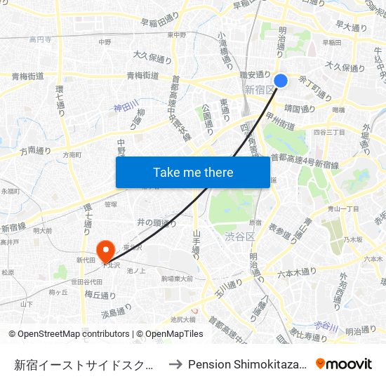 Shinjuku Eastside to Pension Shimokitazawa map