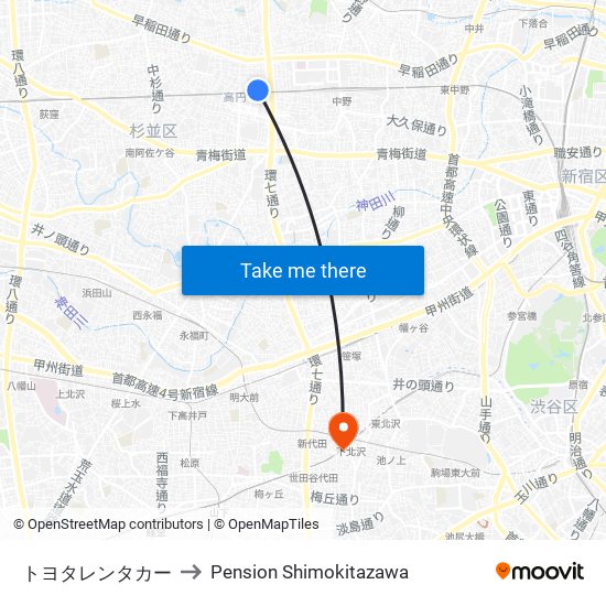 高円寺駅前 (Kouenji-Ekimae) to Pension Shimokitazawa map