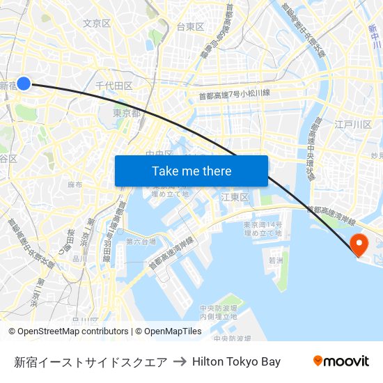 Shinjuku Eastside to Hilton Tokyo Bay map