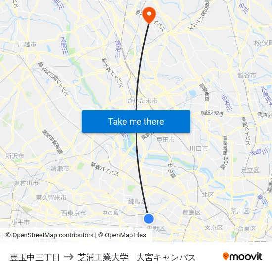 豊玉中三丁目 to 芝浦工業大学　大宮キャンパス map