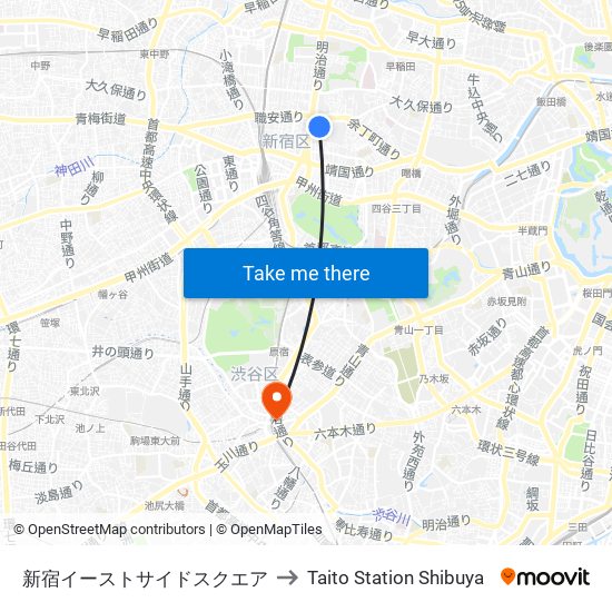 Shinjuku Eastside to Taito Station Shibuya map