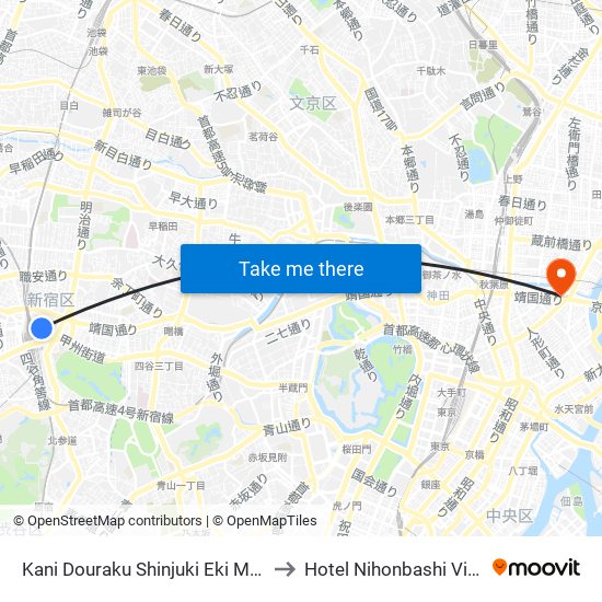 Kani Douraku Shinjuki Eki Mae to Hotel Nihonbashi Villa map