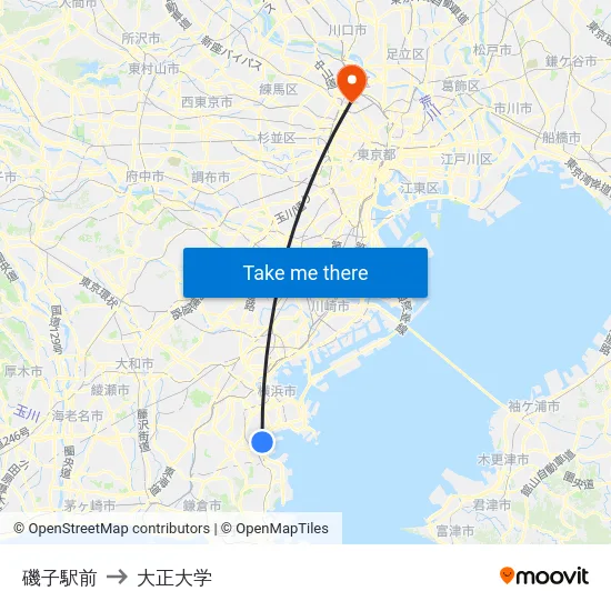 磯子駅前 to 大正大学 map
