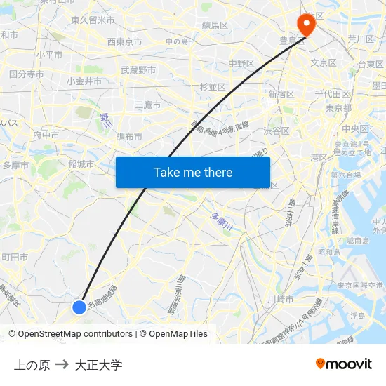 上の原 to 大正大学 map