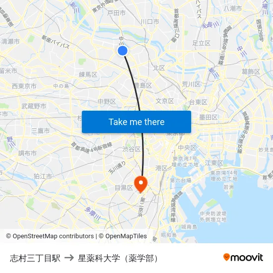 志村三丁目駅 to 星薬科大学（薬学部） map