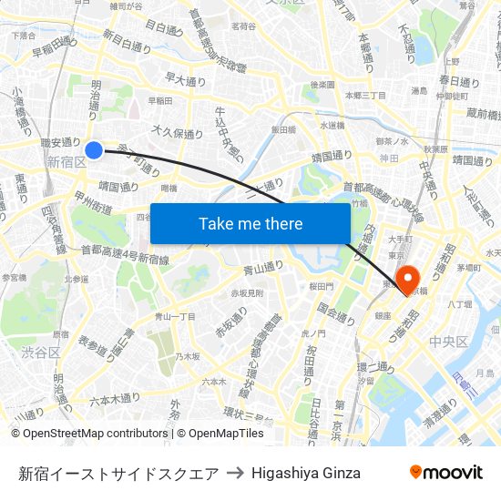 Shinjuku Eastside to Higashiya Ginza map