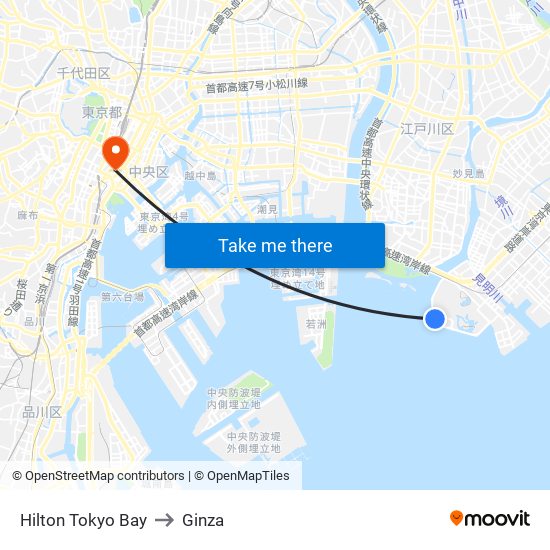 Hilton Tokyo Bay to Ginza map